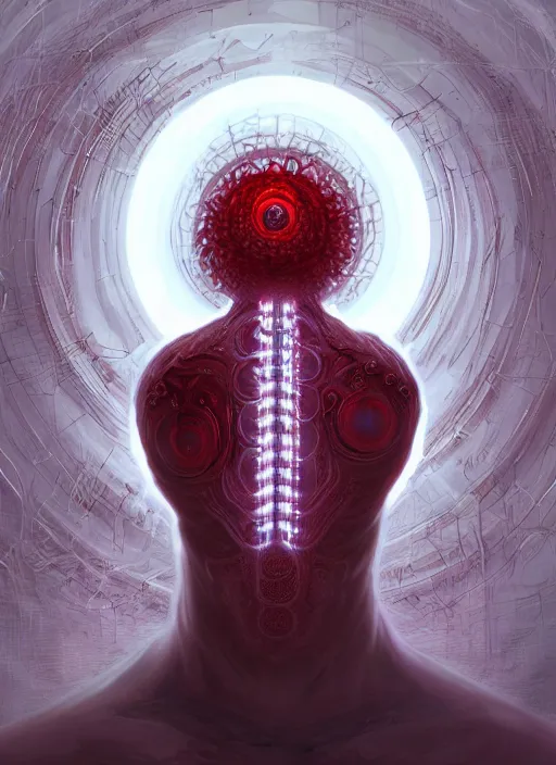 Image similar to cthonic resonance, red and white fractal glowing eyes, genetically augmented pale white young man with circular nodes sticking out from behind his neck, soft curly blonde hair, fantasy, extremely detailed, digital painting, artstation, concept art, smooth, sharp focus, illustration, stunning lighting, art by artgerm and greg rutkowski and alphonse mucha and simon stalenhag, realistic character concept, high fantasy, dark atmosphere, golden ratio, cinematic lighting, hyperdetailed, high resolution, insanely detailed and intricate, artstation, Marc Simonetti, Greg Rutkowski, 8k