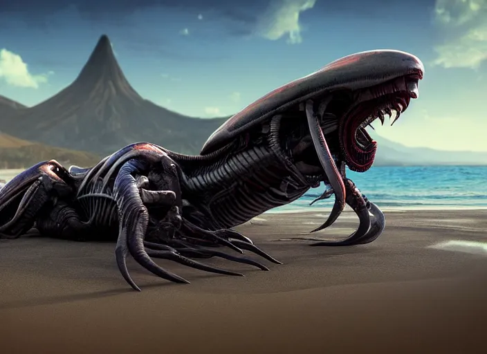 Prompt: a xenomorph alien relaxing on a beach in jamaica, cinematic lighting, directed by dennis villeneuve, national geographic, award winning, concept art, artstation, unreal engine, game screenshot