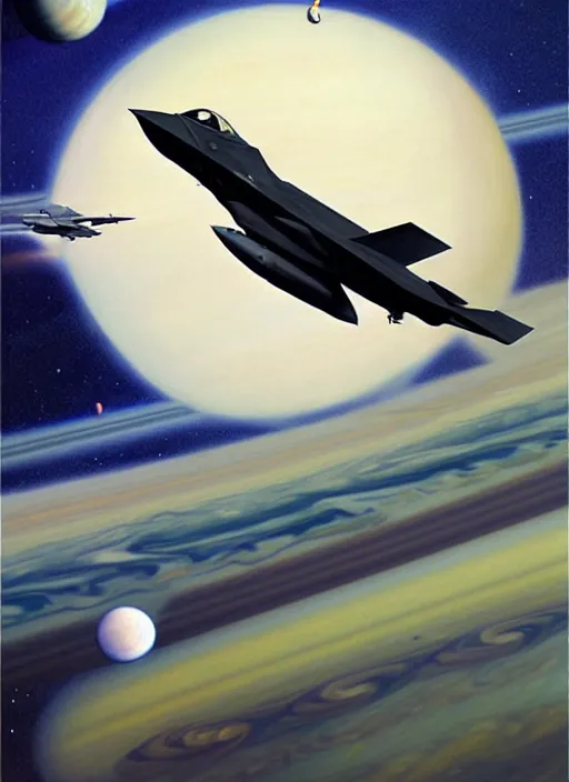 Image similar to poster artwork by michael whelan and tomer hanuka, a portrait, f 3 5 jets dogfighting in the clouds of jupiter, clean