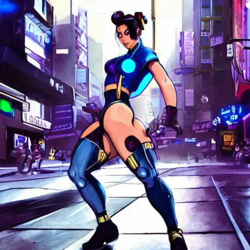 Prompt: Chun-Li in a cyberpunk city street