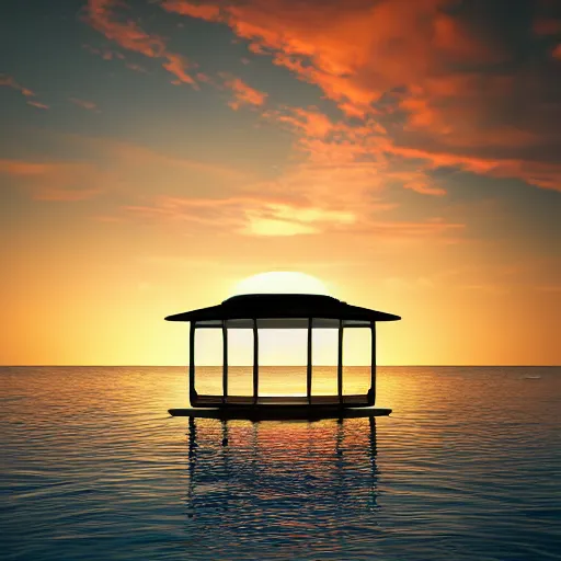 Prompt: a public bathroom floating in the middle of the ocean, sunset, beautiful, ultra realistic digital art, 4k, cgsociety, HDR, Intricate