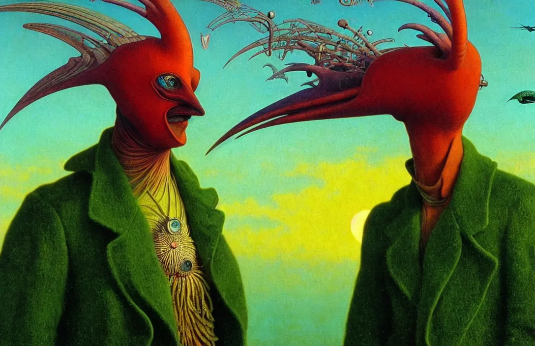 Image similar to realistic detailed portrait movie shot of a birdman wearing green leather coat, sci fi city sunset landscape background by denis villeneuve, amano, yves tanguy, alphonse mucha, ernst haeckel, max ernst, roger dean, masterpiece, rich moody colours, blue eyes