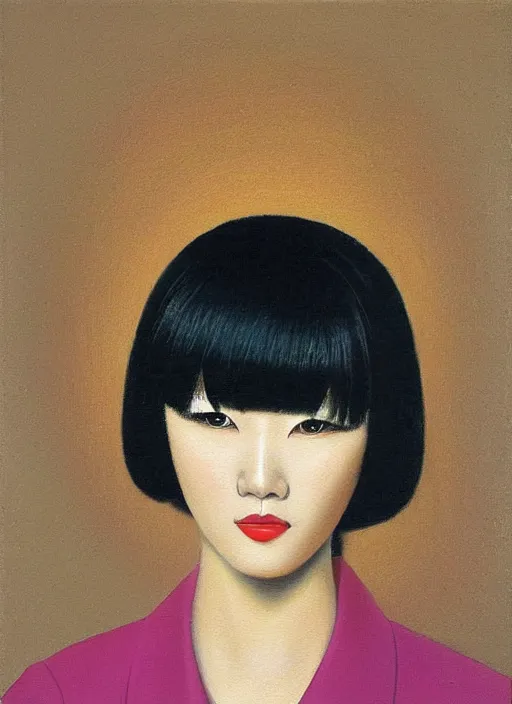 Prompt: painting of a japanese woman with bangs, kitsch, by vladimir tretchikoff