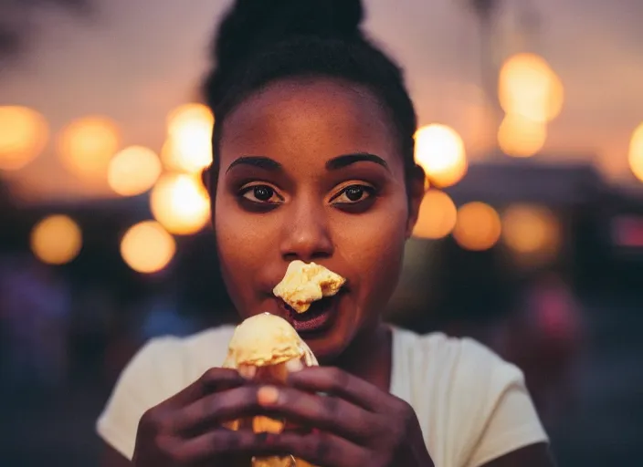 Image similar to a 3 5 mm photo of a young black woman holding an ice cream cone, splash art, movie still, bokeh, canon 5 0 mm, cinematic lighting, dramatic, film, photography, golden hour, depth of field, award - winning, anamorphic lens flare, 8 k, hyper detailed, 3 5 mm film grain