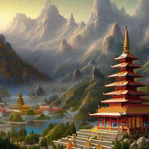 Image similar to a beautiful and highly detailed matte painting of a colorful buddhist temple in the distance high in the most epic mountains ever, intricate details, epic scale, insanely complex, 8 k, sharp focus, hyperrealism, very realistic, by caspar friedrich, greg rutowski, james gurney