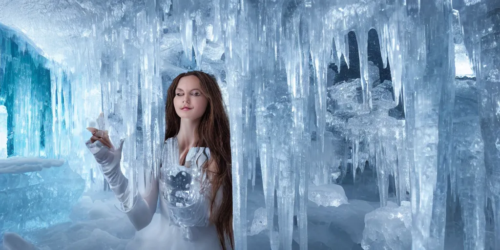 Prompt: inside an ice castle everything made from ice shiny and wet, the ice princess has snow flowing from her fingers, ultra realistic 4 k digital art