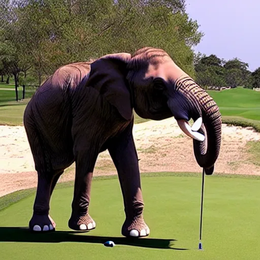 Prompt: A sarcastic elephant plays golf with tiger woods