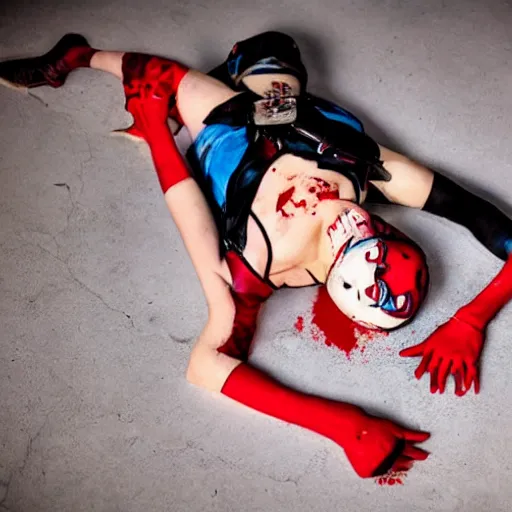 Prompt: a criminal photography taken of a dead harley quinn from suicide squad laying on the ground, blood is pooling under her, at night, super realistic.