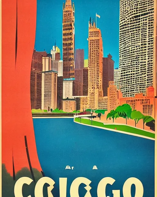 Prompt: a 1950s travel poster for Chicago