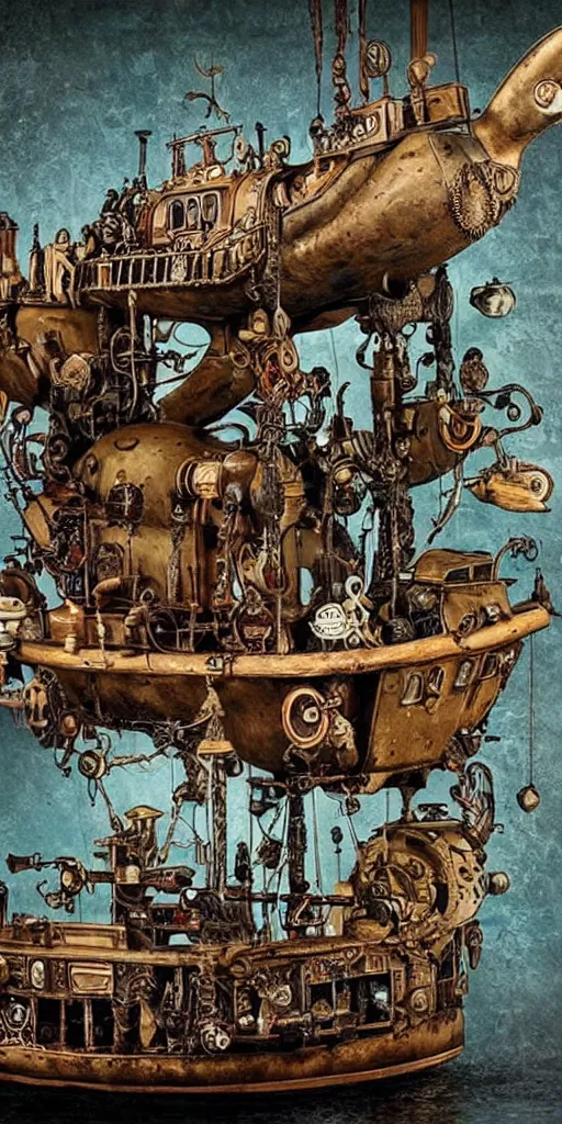 Prompt: a vintage steampunk living submarine by alexander jansson and where's waldo and leonardo da vinci