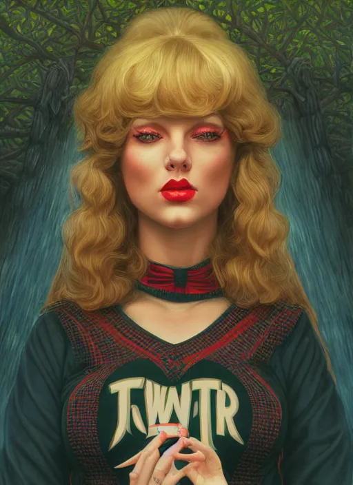 Image similar to twin peaks poster art, portrait of talyor swift cheerleader in sacrifice ritual at the black lodge, by michael whelan, rossetti bouguereau, artgerm, retro, nostalgic, old fashioned