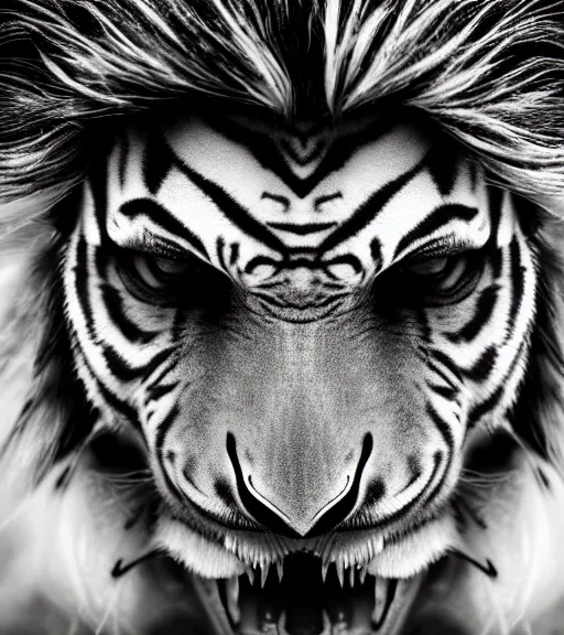 Prompt: Award winning Editorial up-angled photograph of Early-medieval Scandinavian Folk tiger Baring its teeth with incredible hair and fierce hyper-detailed eyes by Lee Jeffries, 85mm ND 4, perfect lighting, wearing traditional garb, With huge sharp jagged Tusks and sharp horns, gelatin silver process