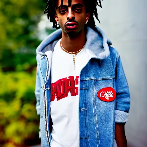 Image similar to portrait of midget playboi carti walking on a sidewalk, sharp focus, 4 k editorial photograph, soft lighting