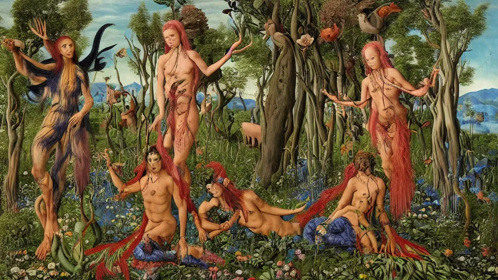 Image similar to a photograph of a meditating centaur shaman and a harpy mermaid mutating into creatures. surrounded by bulbous flowers and a few trees and wild animals. river delta with mountains under a blue sky full of burning stars and birds. painted by jan van eyck, max ernst, ernst haeckel, ernst fuchs and artgerm. trending on artstation