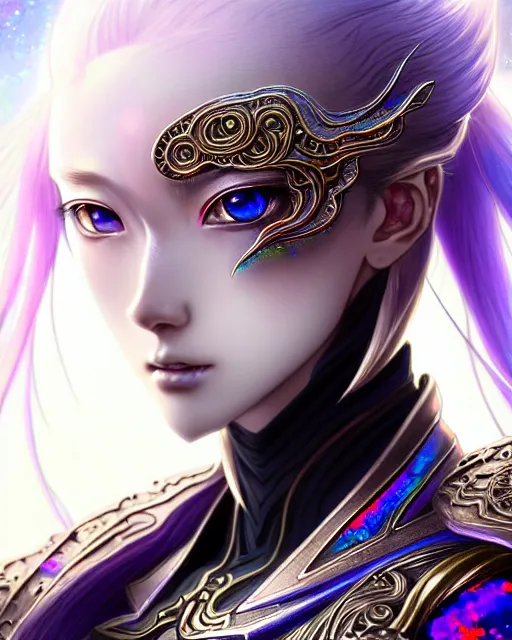 Image similar to anime portrait of an iridescent opal cyborg kunoichi, intricate ornate details, fantasy, elegant, highly detailed, digital painting, artstation, concept art, smooth, sharp focus, illustration, artbook, splash art, promo art, soul calibur, league of legends, art by artgerm and greg rutkowski and bo chen and jin xiaodi