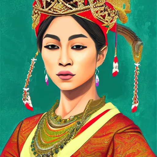 Prompt: painterly portrait of a beautiful asian indian queen mixed with british royal garb trending on artstation