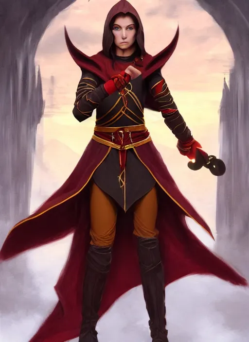 Prompt: beautiful teenager female half elf monk, full body black and red longcoat, fist training, detailed face, brown hair, short ponytail, golden eyes, brown skin, high fantasy, dnd, extremely detailed, matte painting, by michael komarck, mtg art
