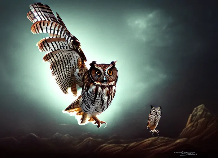 Prompt: an extremely detailed masterpiece photo of a western screech - owl in flight mon in background, in the style of brian froud, brian despain, brian bolland, digital art, unreal engine, volumetric lighting, dark moody lighting, trending on artstation, photorealistic, epic scene