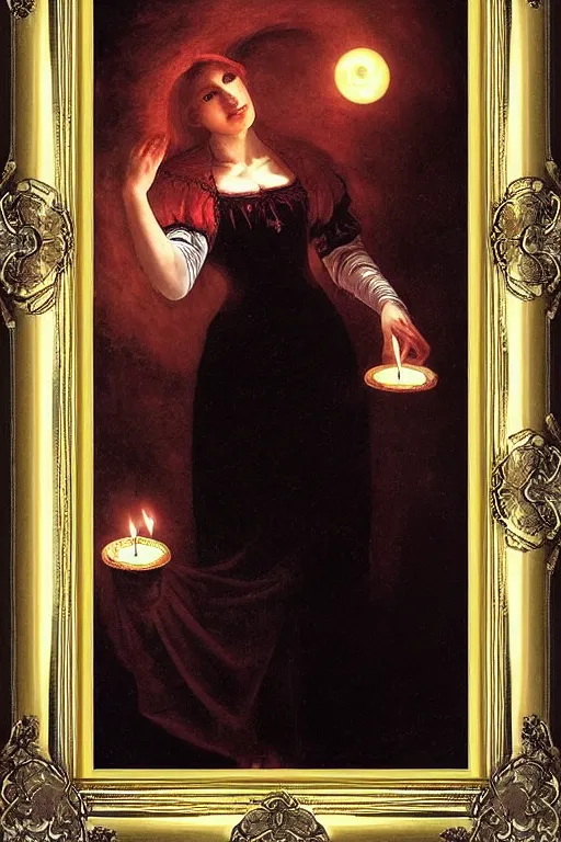 Prompt: a renaissance oil painting by alma tadema of demonic beautiful vampire woman mistress of death mourning widow in cosmos, cloudy nebula background, faint smile dark lipstick, hair bun, dark lit candles, colourful pastel trending artstation, detailed portrait academic bouguereau caravaggio high shadow contrast medium shot, rococo frame