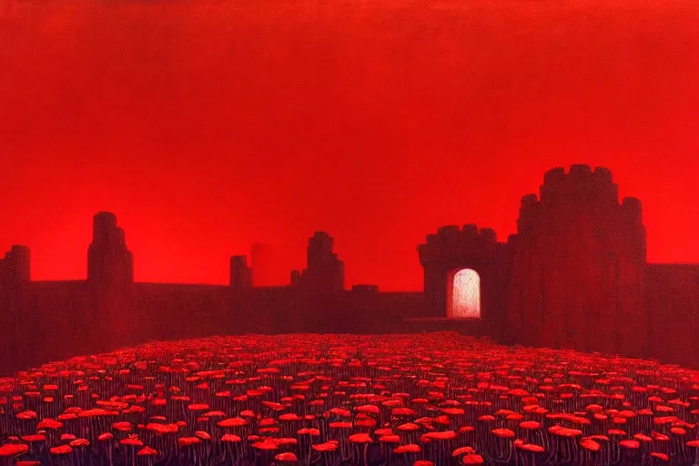 Image similar to only with red, a red expanse of flowers of different types, castle, goblins dance over the flowers in the style of beksinski, parts by edward hopper, parts by rodcenko, parts by yue minjun, intricate and epic composition, red by caravaggio, insanely quality, highly detailed, masterpiece, red light, artstation, 4 k