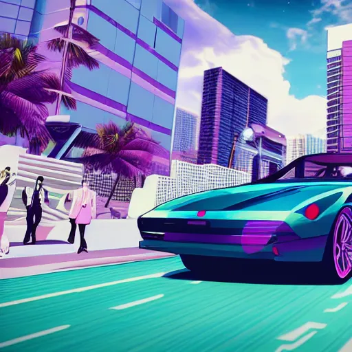 Image similar to vaporwave miami beach yakuza in suit driving in sports car driving with city in background