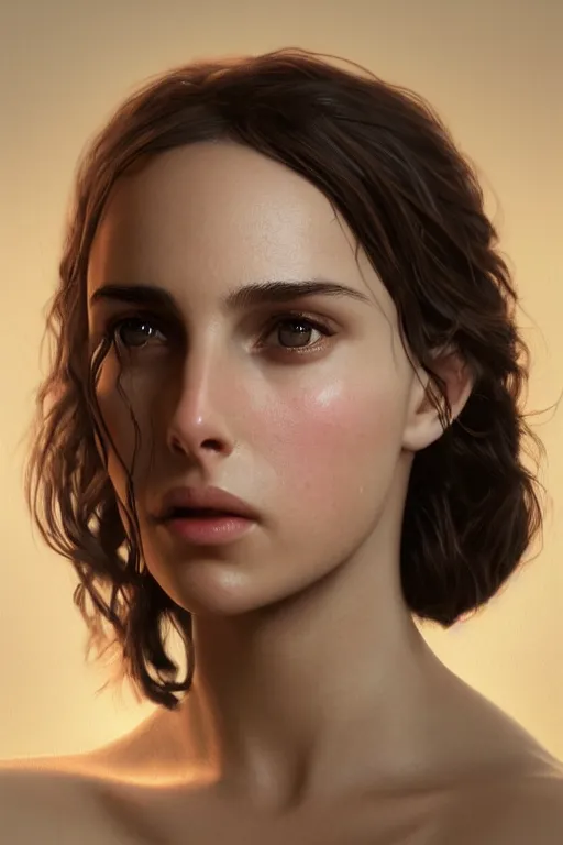 Image similar to a girl Nathalie Portman portrait, 3/4 view, loving amber eyes, a shy face, unreal 5, hyperrealistic, octane render, Regal, Refined, Detailed Digital Art, RPG portrait, William-Adolphe Bouguereau, Michael Cheval, dynamic lighting, Highly Detailed, Cinematic Lighting, Unreal Engine, 8k, HD