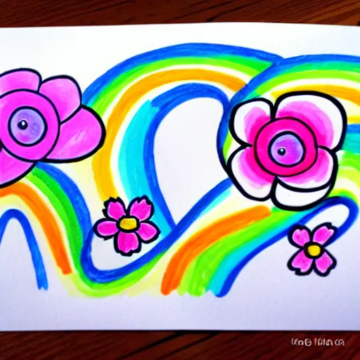 Image similar to fun doodle characters, flowers, rainbows, toilet seats, drawn with a fineliner pen on a white paper