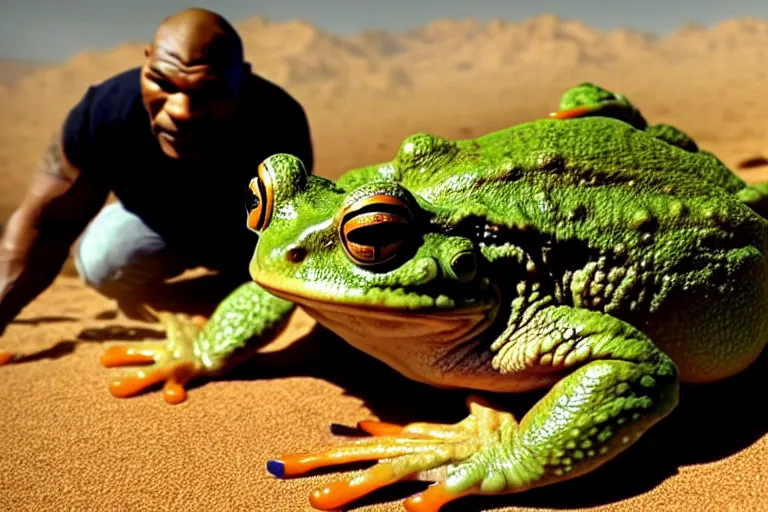 Prompt: a giant frog sitting with boxer mike tyson in the desert, mike tyson with a toad, mike tyson movie directed by martin scorsese and christopher nolan, masterpiece, 8 h