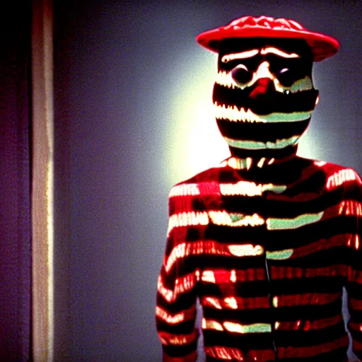 Image similar to mr. bean as freddie krueger. movie still. cinematic lighting.