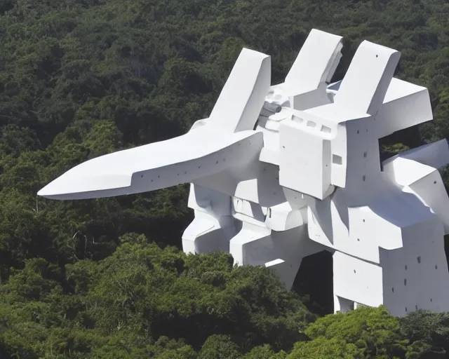 Prompt: photo of minimalist abstract cubist sculpture of curvy mecha mayan temple spaceship, covered with few large white airplane parts, gigantic size with people visiting