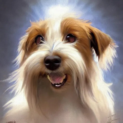 Prompt: a high quality painting of a very cute scruffy wire haired jack russell terrier puppy, white with chocolate brown spots, brown patches over both eyes. friendly, curious expression. painting by artgerm and greg rutkowski and alphonse mucha