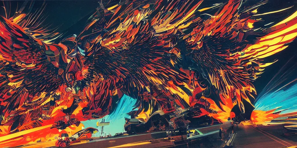 Prompt: dynamic, wideangle pov closeup, conceptart, expressive, vibrant, fiery techno - phoenix vulture, madness, glitch, ferocious, imposing, spectacular, cubism, art by syd mead