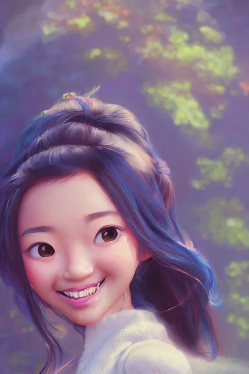 Image similar to a painting of cute Asian girl smiling, flowing hair, in the style of Pixar animation, low angle view, 16mm lens, award winning, hyper detailed, dramatic lighting, artstation, octane renderer, unreal engine