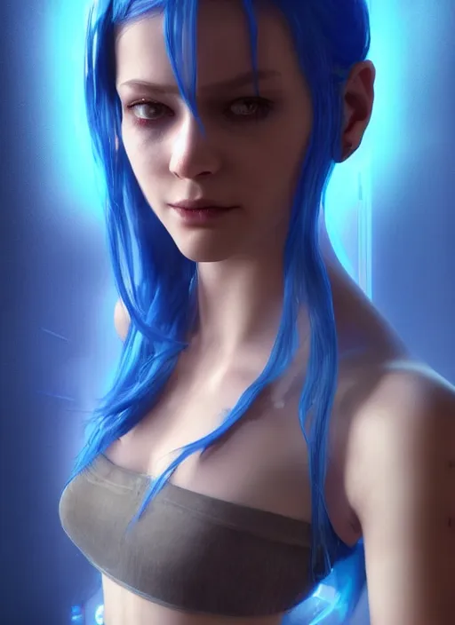 Image similar to beautiful young cyberpunk girl with blue hair, blue eyes, au naturel, holding her hands out, digital art, trending in artstation, cinematic lighting, studio quality, smooth render, fluorescent skin, unreal engine 5 rendered, octane rendered, art style by klimt and nixeu and ian sprigger and wlop and krenz cushart