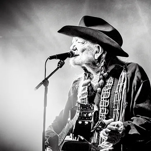 Image similar to willie nelson on stage, detailed, guitar. god rays through fog.