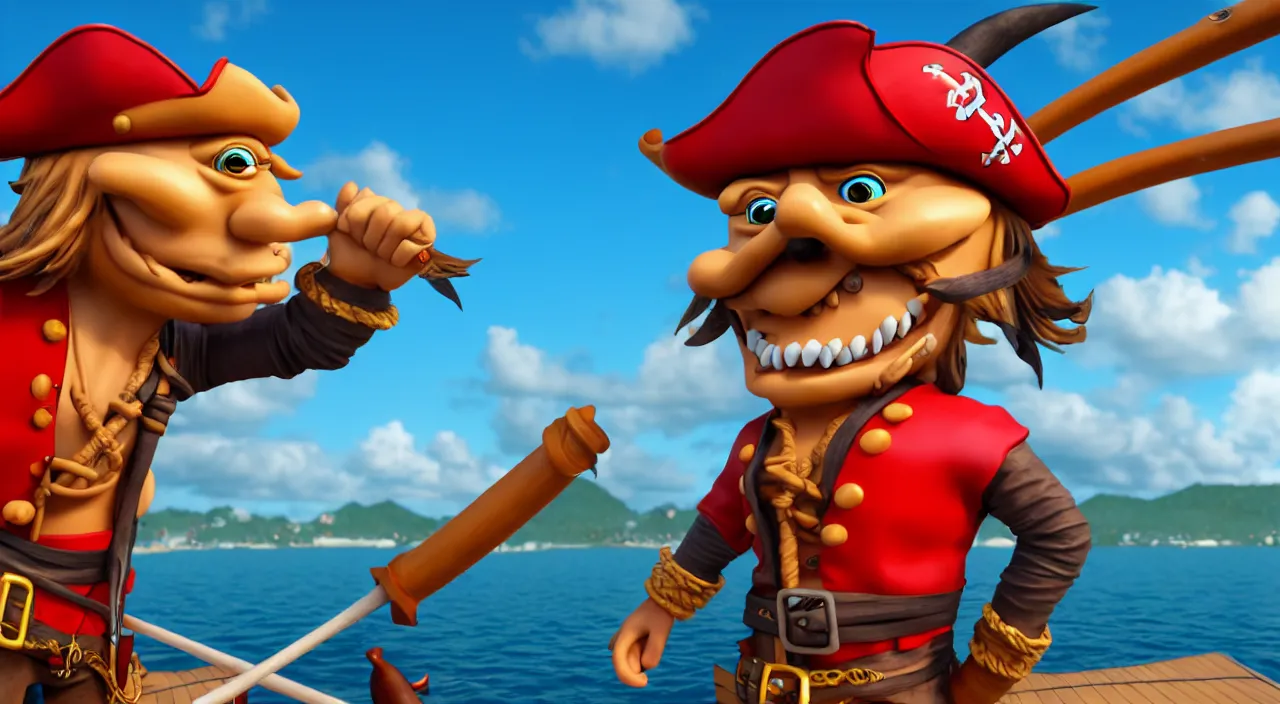 Image similar to a cartoonish pirate on a boat ready to conquer the island, highly detailed, photorealistic portrait, bright studio setting, studio lighting, crisp quality and light reflections, unreal engine 5 quality render