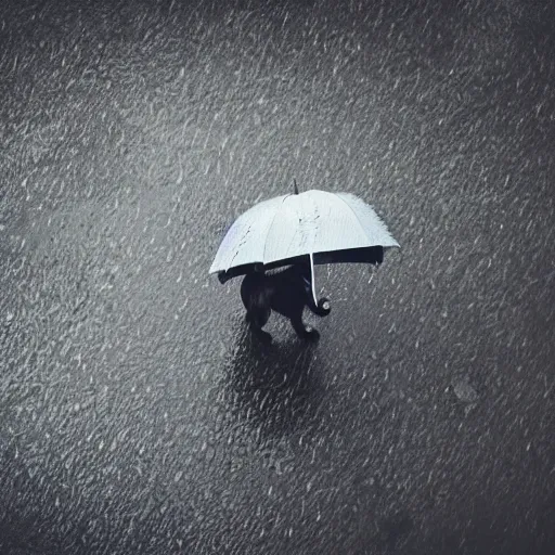 Prompt: dog underneath an umbrella in the rain, view from above stylised