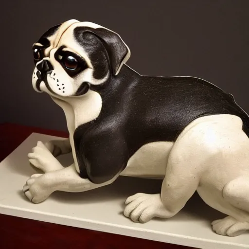 Prompt: photo of pugalier dog sculpture, by caravaggio, immense detail, intricate background