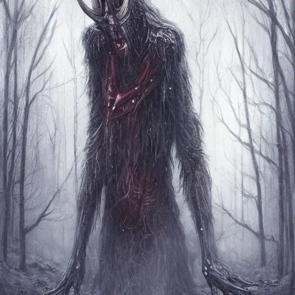 Prompt: cloaked humanoid wendigo feasting on a dear, nighttime located in a snowy dark forest, lurking horror, distant shot, dungeons and dragons, magic the gathering, forboding, high detail, oil painting, style of seb mckinnon