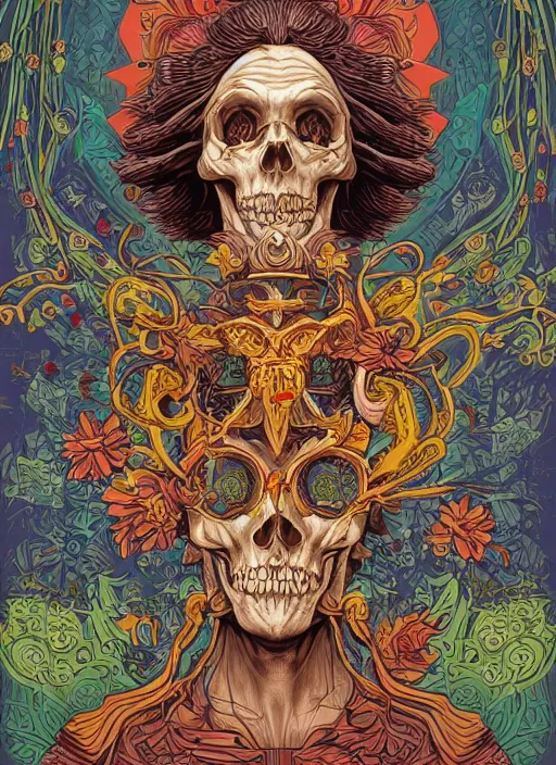 Image similar to the oracle of ancient wisdom surrounded by floral skulls, italian futurism, da vinci, dan mumford, josan gonzalez