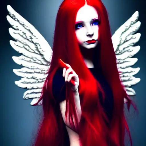 Image similar to beautiful female mage with red hair, angelic figure, dark wings