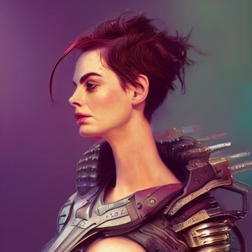 Prompt: ann hathaway portrait, dystopia core, apocalyptic, armor, warrior, dramatic, sharp focus, fiction, neon, fantasy, hyper detailed, digital art, trending in artstation, cinematic lighting, studio quality, smooth render, unreal engine 5 rendered, octane rendered, art style and nixeu and wlop and krenz cushart