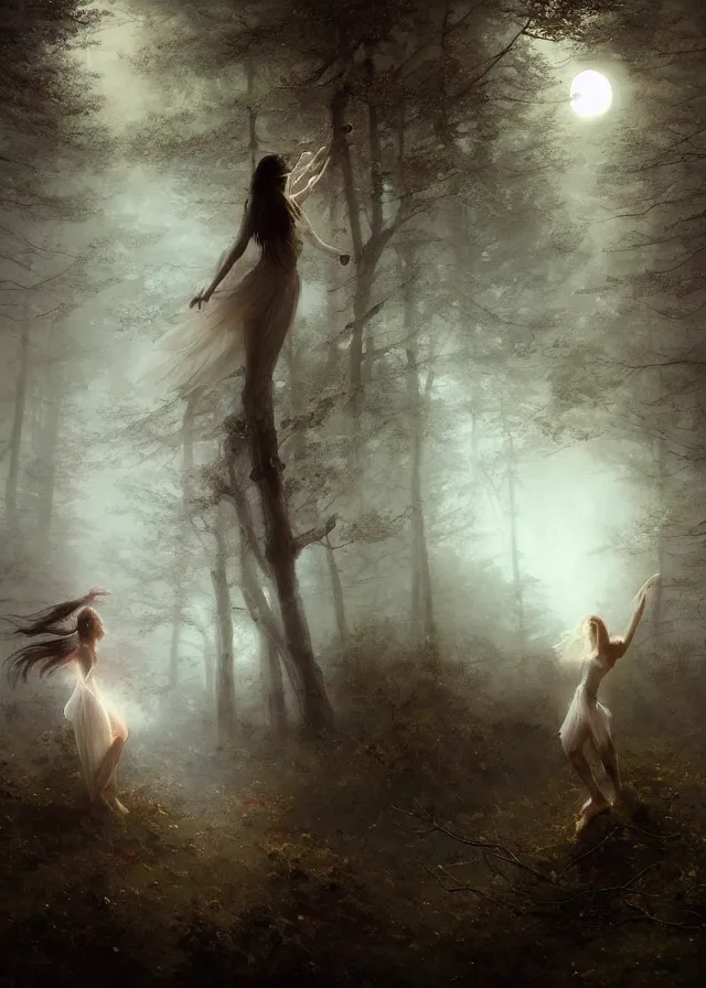 Image similar to dancers in white lit only by the moon, contemporary dance in the forbidden forest, the twilight dance of the fae by aleksi briclot, greg rutkowski and ivan aivazovsky, contemporary dance, volumetric, solstice, atmospheric, watercolor, surrealist, artstation,