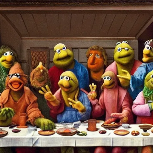 Prompt: the last supper with the cast of the muppet show, painted by michelangelo