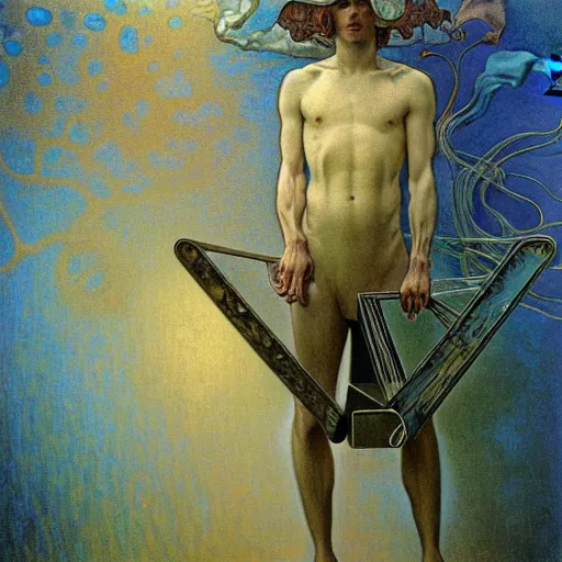 Image similar to realistic extremely detailed portrait painting of. an average. man with his. briefcase .in his. left hand . by Jean Delville, Amano, Yves Tanguy, Alphonse Mucha, Ernst Haeckel, Edward Robert Hughes, Roger Dean, pale muted pastel moody colors, gold eyes