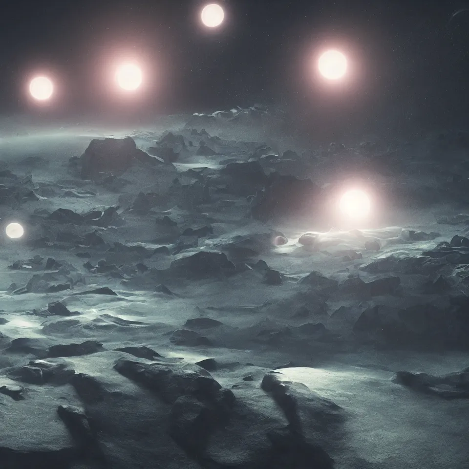 Image similar to the surface of a distant tropical planet with surreal landscape, curvature, stars and moons in the sky, dark, completely original lightning and light sources,, cinematic angle, movie concept, trending on artstation, octane render, 8 k, ultra high detail