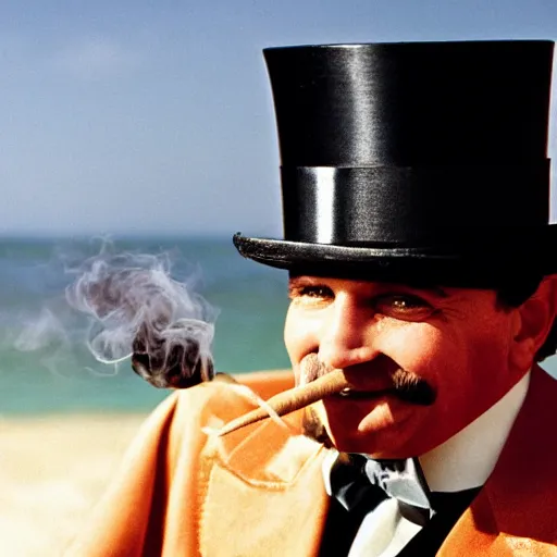 Prompt: the godfather wears a top hat and smiles and smokes a cigar. 5 0 mm, cinematic, technicolor close up on his face. sea and beach and a sandcastle in the background.