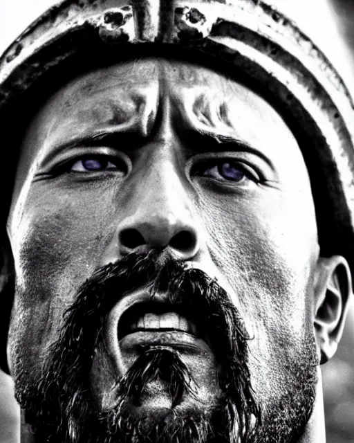 Image similar to Film still close-up shot of Dwayne Johnson as marcus aurelius decimus meridius from the movie Gladiator. Photographic, photography