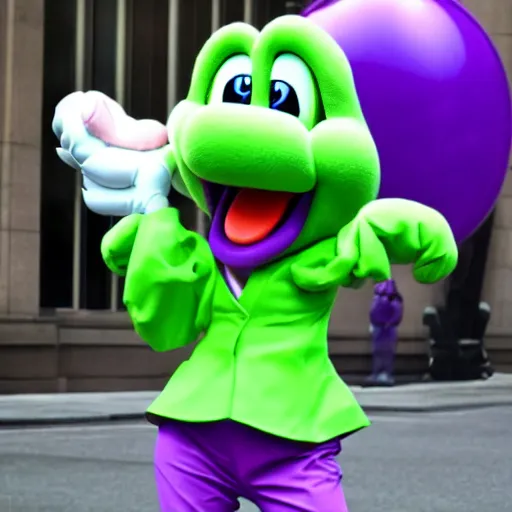 Image similar to anthropomorphic light green yoshi wearing a purple jacket, black shirt, purple skirt, purple heels, nintendo