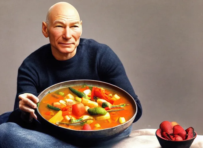 Prompt: patrick stewart sitting in a big bowl of vegetable stew